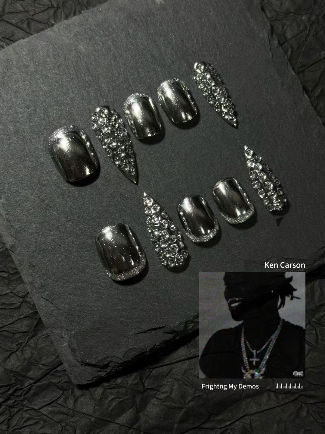 Glittery press-on nails inspired by the cover art of Ken Carson's album *A Great Chaos*
