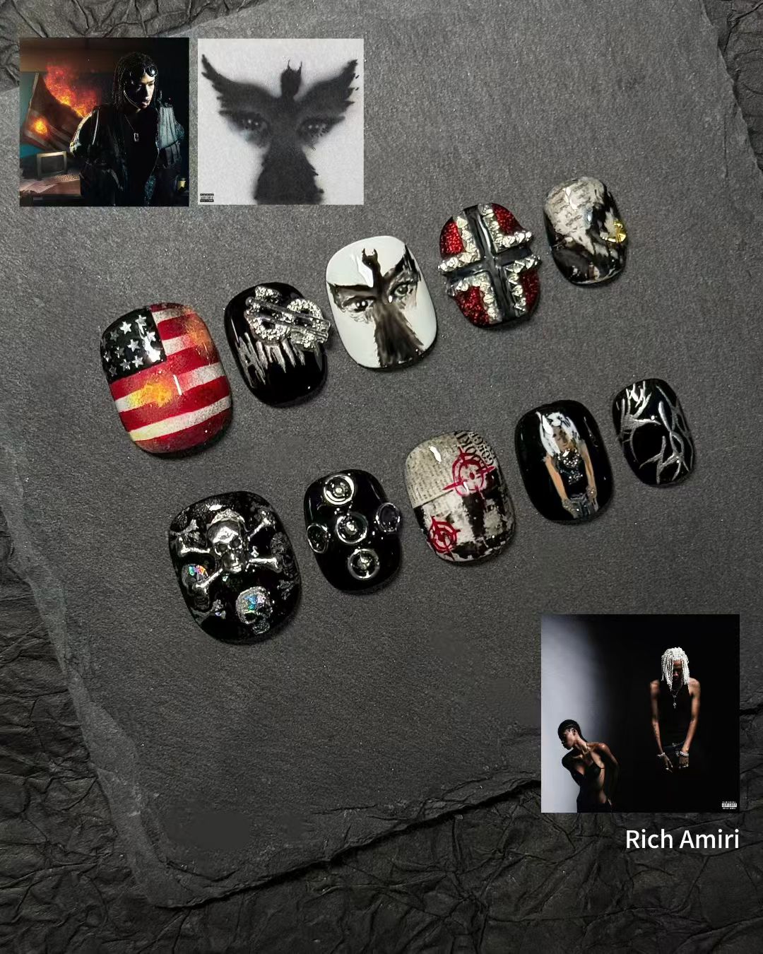 Press-on nails inspired by Rich Amiri's album cover