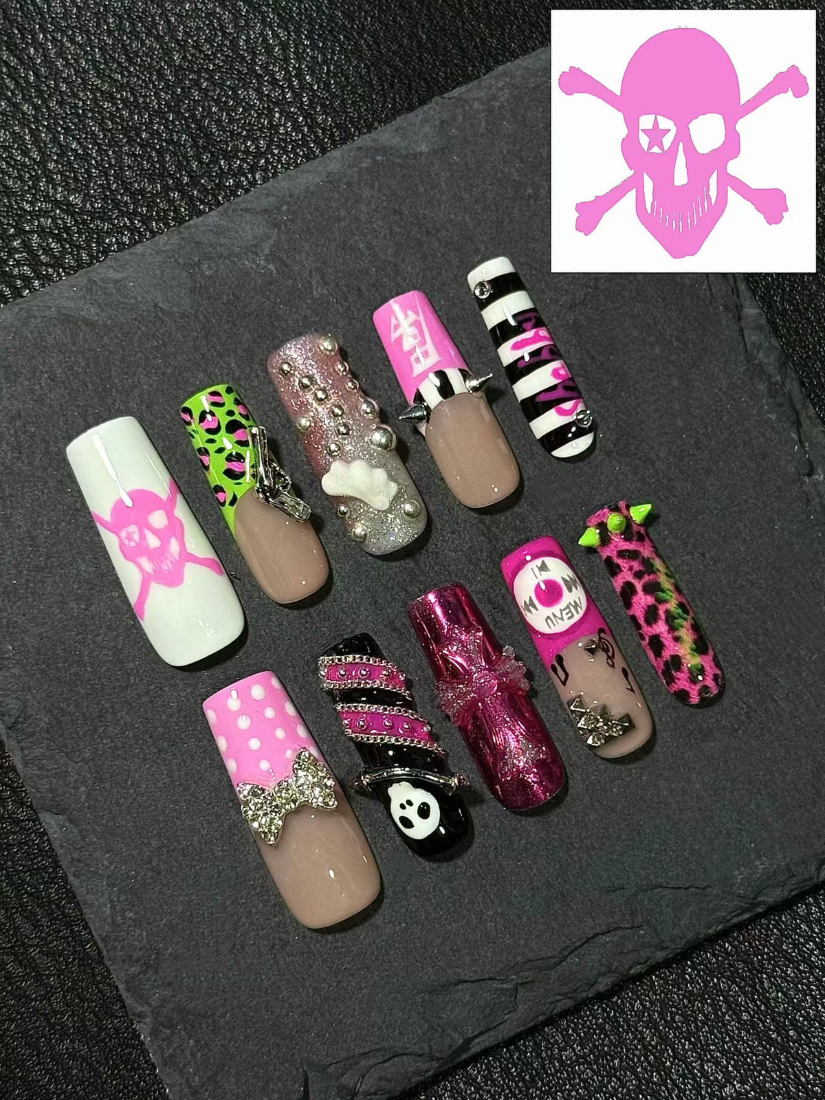 Original press-on nails featuring a Y2K-inspired retro style with leopard print and studs