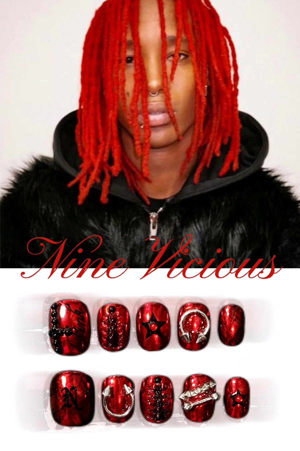 Red press-on nails with studs, inspired by "Nine Vicious"